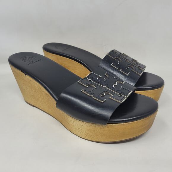 Tory Burch Sandals 9M Ines Black Leather Wedge Logo Platform Slide Double T 80mm